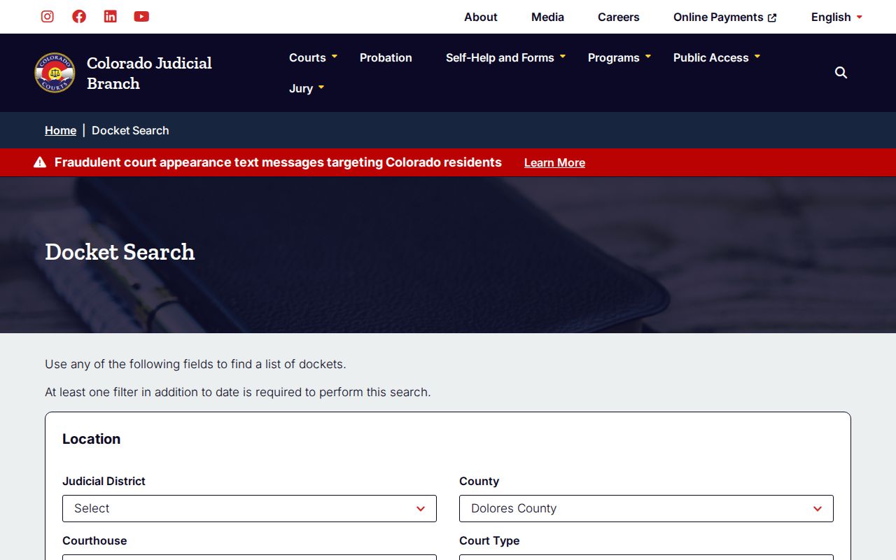 Dolores County official docket search interface with identifying rows excluded