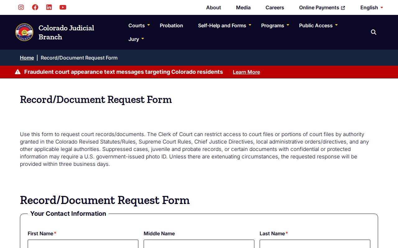 Colorado court record request form fields and fee table