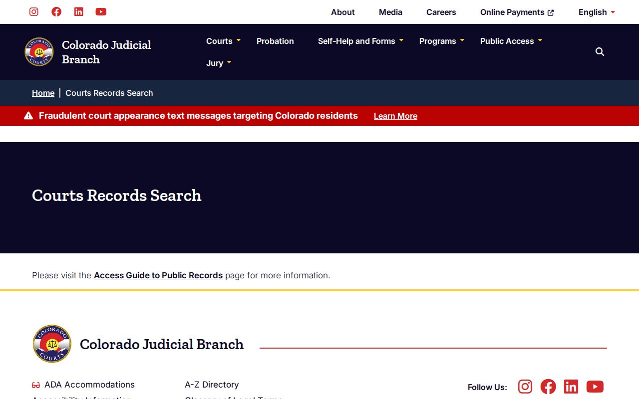 Colorado Judicial Branch court records search landing page