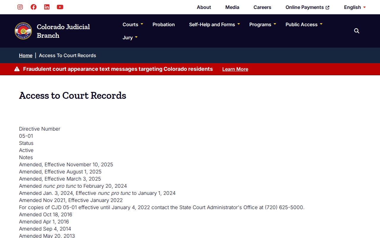 Colorado Chief Justice Directive 05-01 court access page