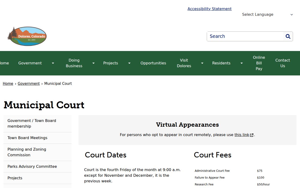 Official Town of Dolores Municipal Court schedule relevant to local arrest warrant records