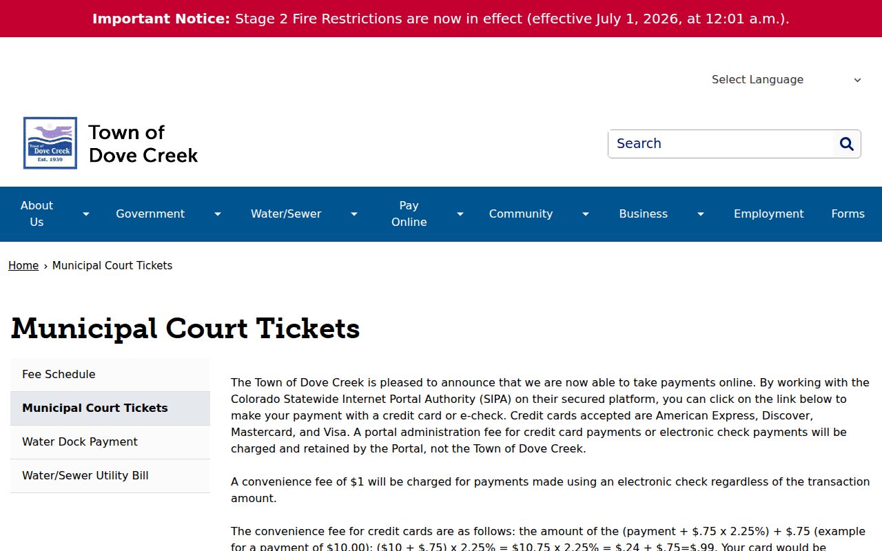 Official Dove Creek municipal ticket payment route in Dolores County