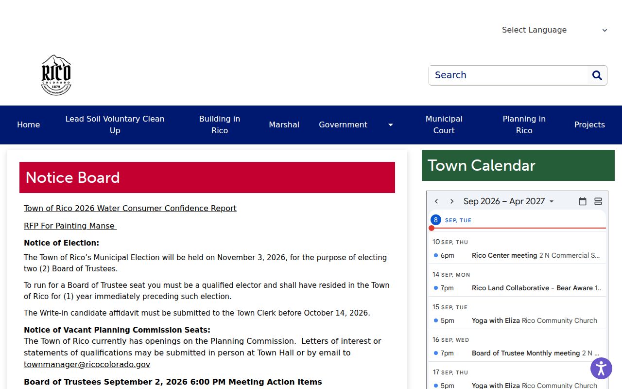 Official Rico town page with municipal traffic payment route in Dolores County